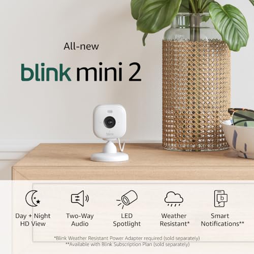 Blink Mini 2 (newest model), Plug-in smart security camera, HD night view in color, built-in spotlight, two-way audio, motion detection, Works with Alexa (White)