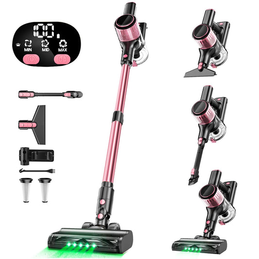 Cordless Vacuum Cleaner, 30Kpa 8-in-1 Stick Vacuum with Anti-Tangle Brush and Upgraded Green Light | 3 Cleaning Modes | 40-Minute Runtime | Lightweight Vacuum Cleaner for Home Hardwood Floors (Pink)