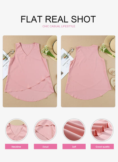 EVALESS Womens Dressy Casual Chiffon Blouses Shirts 2024 Fashion Summer Cute V Neck Flowy Sleeveless Tank Tops Loose Camisole Clothes,Light Pink Large