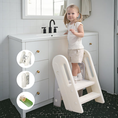 hoopyosms Toddler Step Stool for Bathroom Sink Kids Foldable Toilet Potty Training Stool Adjustable 3 to 2 Stool with Handrail Baby Kitchen Stool Children Step Ladder with Non-Slip Pads, Grey