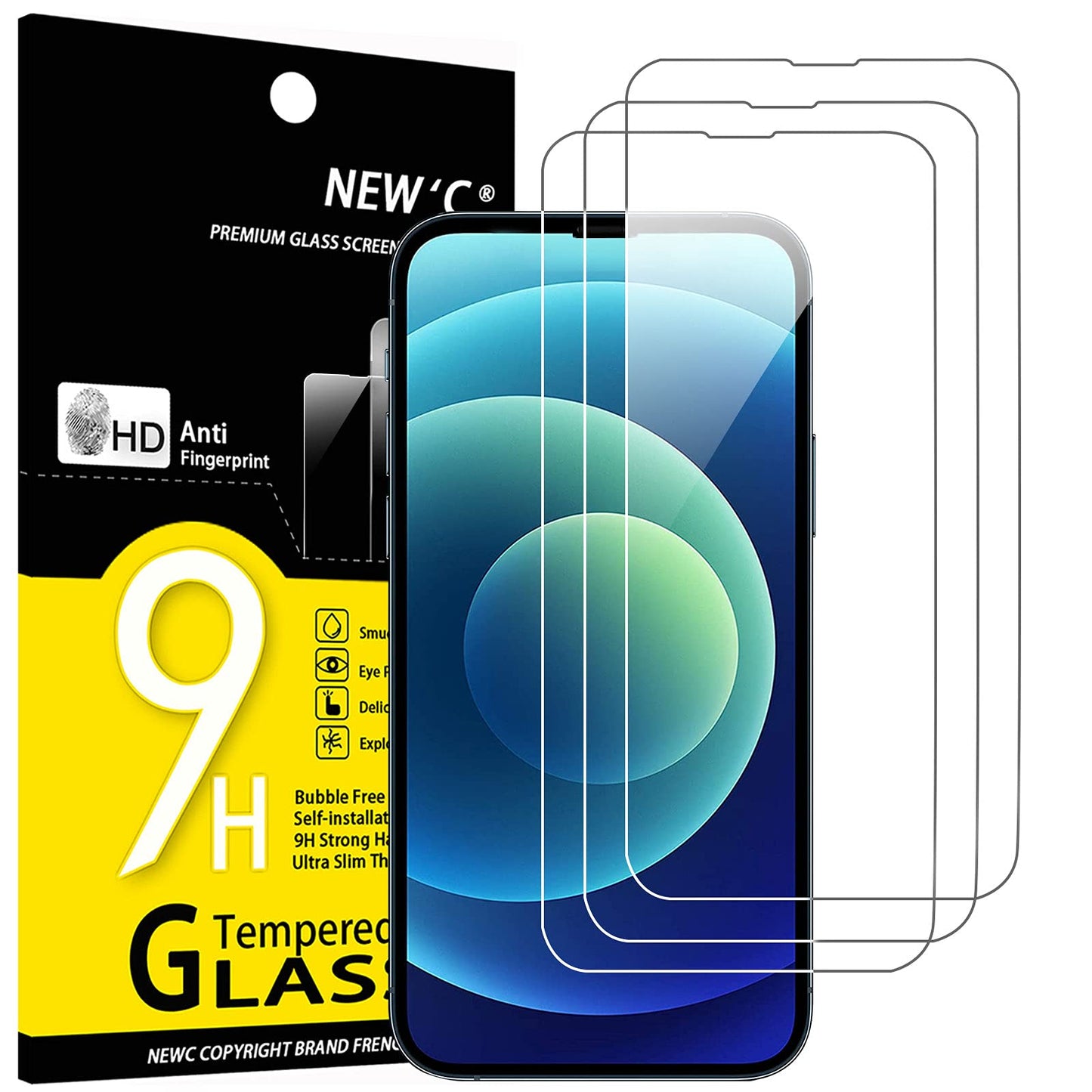 NEW'C 3 Pack Designed for iPhone 14, iPhone 13, iPhone 13 Pro (6.1 inches) Screen Protector Tempered Glass,Case Friendly Scratch-proof, Bubble Free, Ultra Resistant