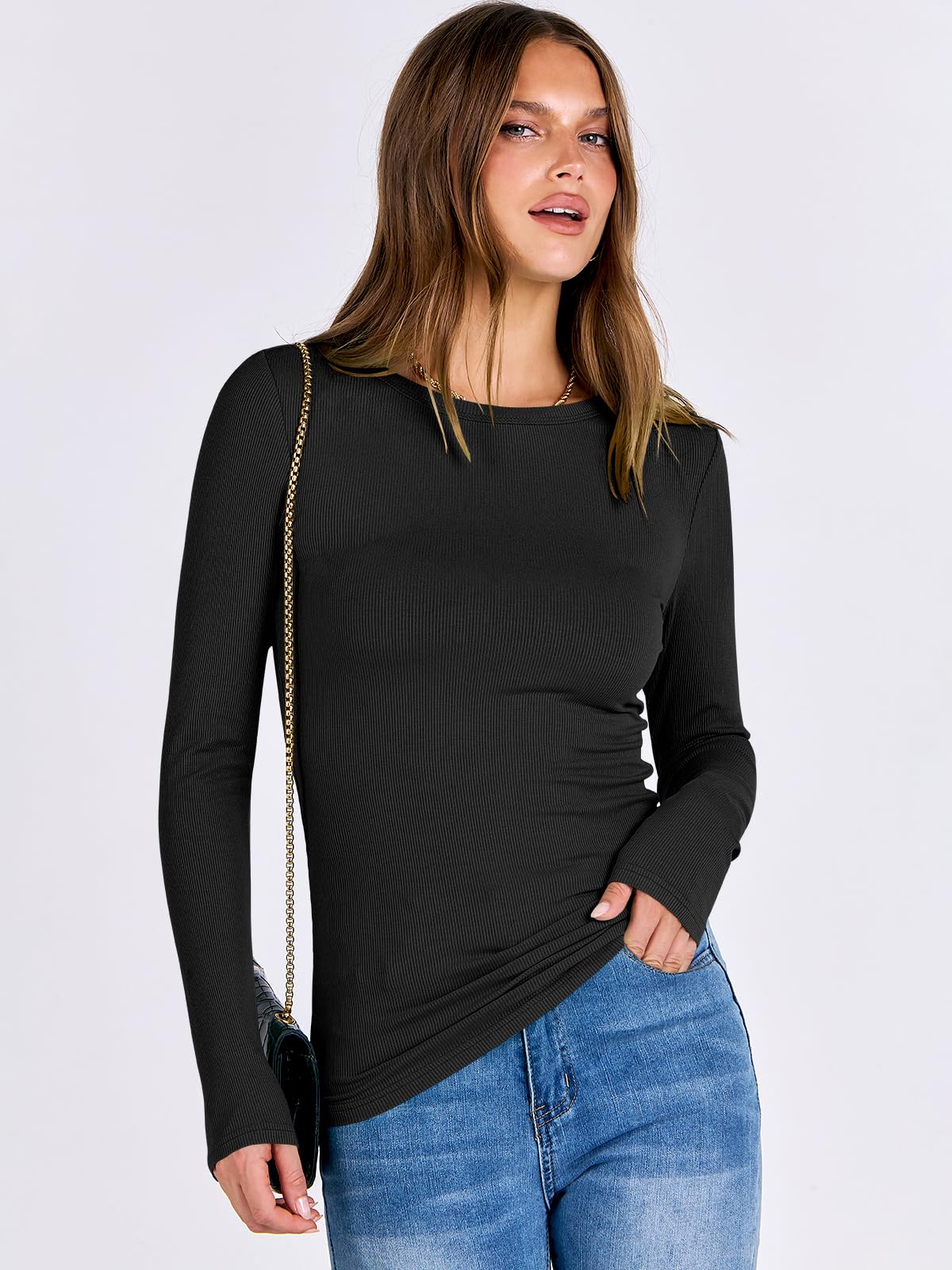 ANRABESS Women Long Sleeve Crewneck Rib Knit Slim Fit Shirts Basic Tee Tops 2025 Casual T-Shirt Going Out Workout Outfits Black Medium