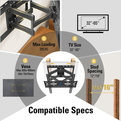 Mounting Dream TV Wall Mount for 32-65 Inch TV, TV Mount with Swivel and Tilt, Full Motion TV Bracket with Articulating Dual Arms, Fits 16inch Studs, Max VESA 400X400 mm, 99lbs, MD2380