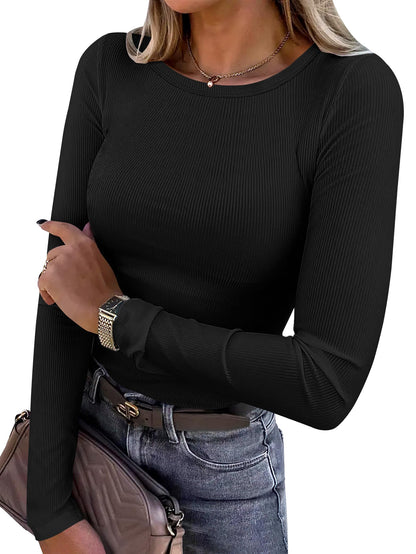 ANRABESS Women Long Sleeve Crewneck Rib Knit Slim Fit Shirts Basic Tee Tops 2025 Casual T-Shirt Going Out Workout Outfits Black Medium