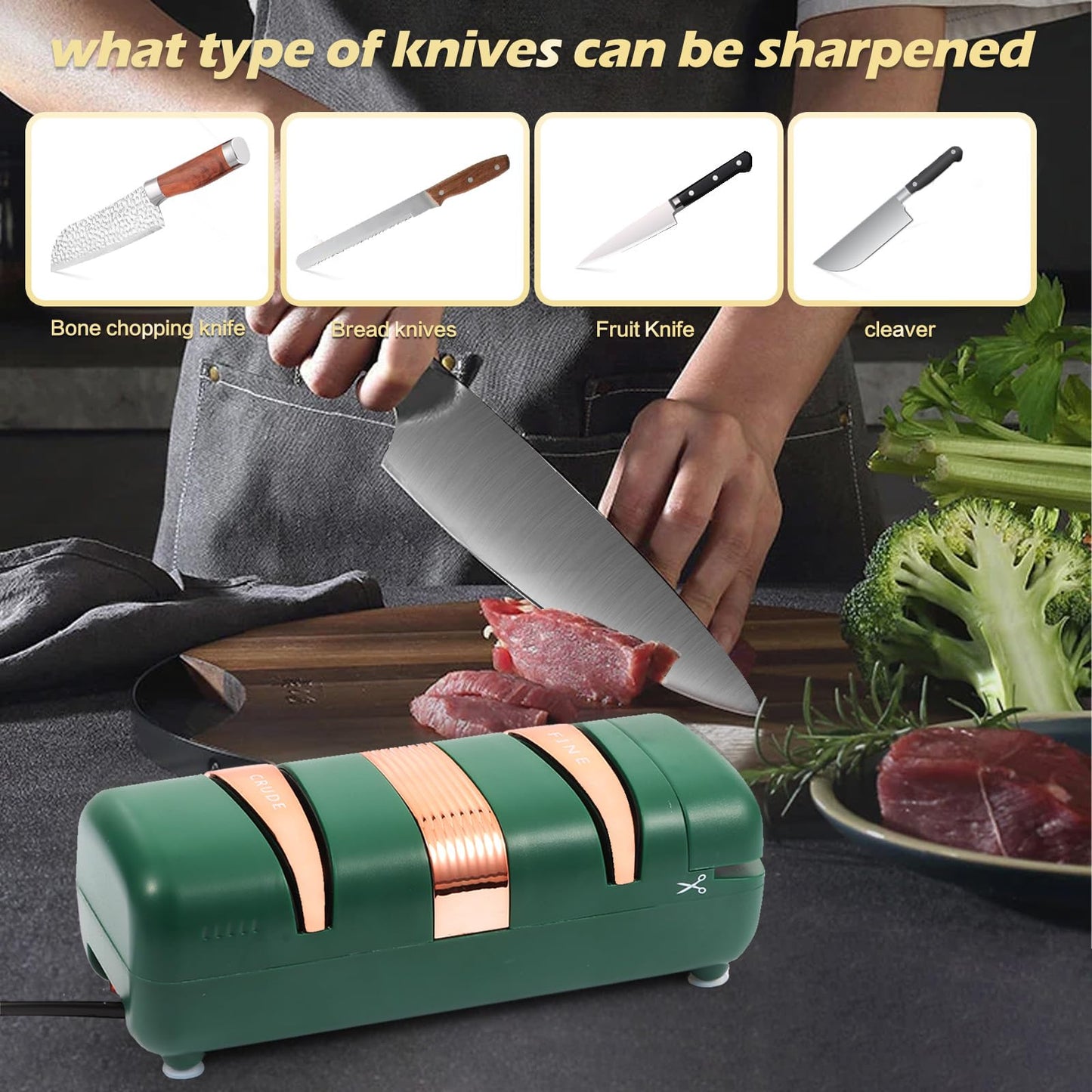 ZTDIXF Electric Knife Sharpener, Professional 2-Stages Knife Sharpeners with Diamond Abrasives for 15-Degree Straight Edge, Knife Sharpener for Kitchen Knives with Sharpening and Polishing, Green