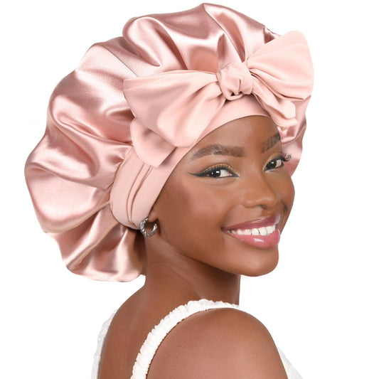 YANIBEST Silk Bonnet for Sleeping Women Satin Bonnet Double Layer Satin Lined Hair Bonnet with Tie Band Curly Hair Blush Pink