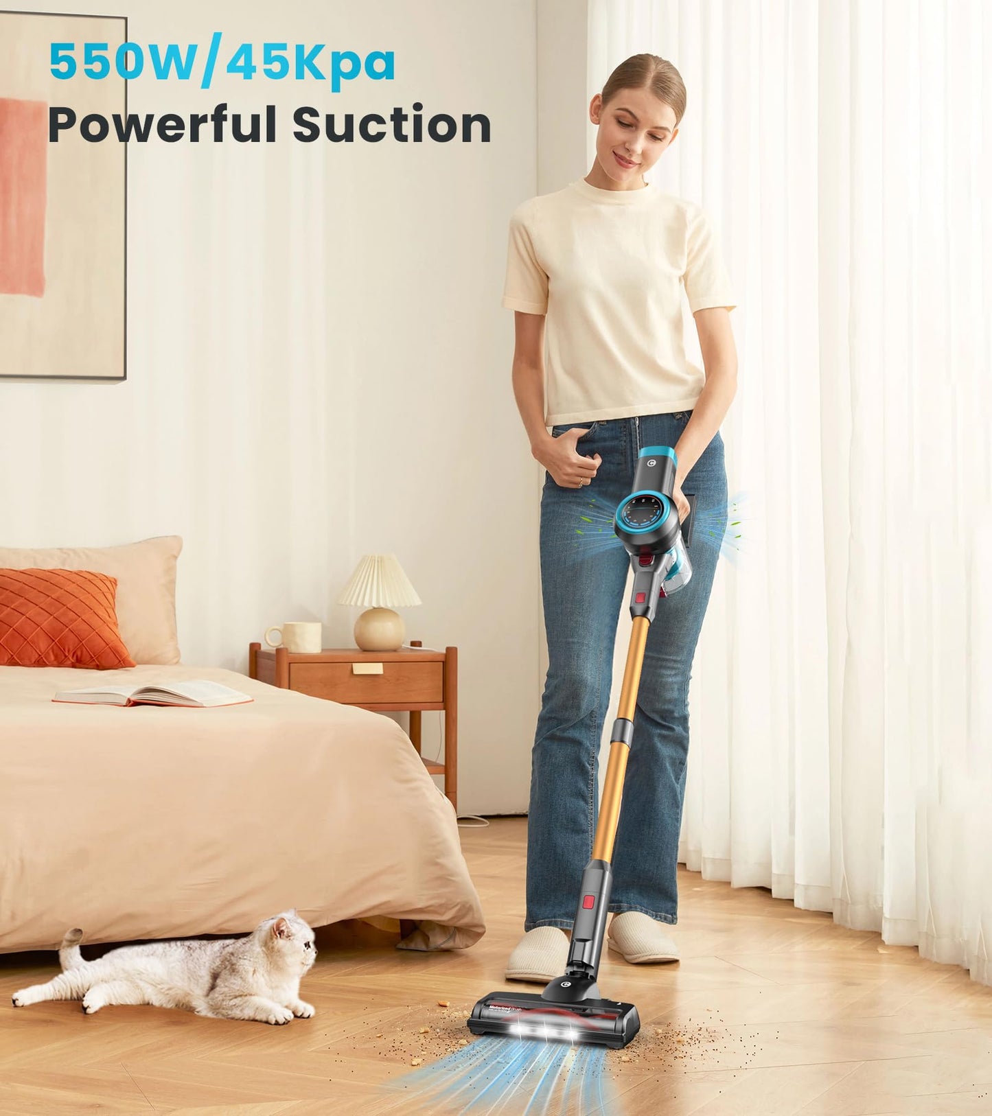 CHEBIO Cordless Vacuum Cleaner, 550W/45Kpa Vacuum Cleaners for Home with Self-Standing, MAX 60Mins Vacuum with LED Display, Anti-Tangled Stick Vacuum, Lightweight Vacuum Cleaner for Carpet/Pet Hair