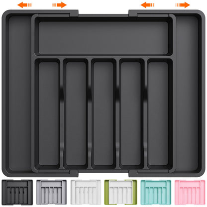 Lifewit Silverware Drawer Organizer, Expandable Utensil Tray for Kitchen, BPA Free Flatware and Cutlery Holder, Adjustable Plastic Storage for Spoons Forks Knives, Large, Black