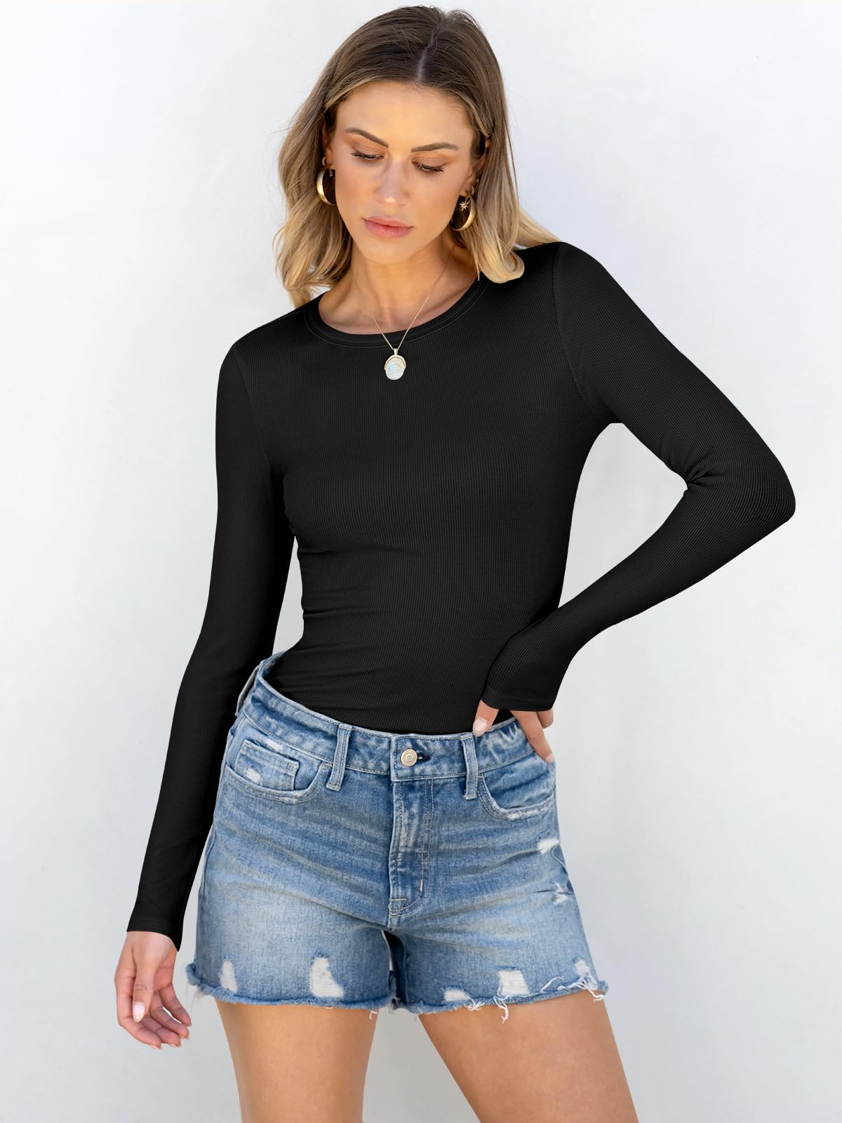 ANRABESS Women Long Sleeve Crewneck Rib Knit Slim Fit Shirts Basic Tee Tops 2025 Casual T-Shirt Going Out Workout Outfits Black Medium