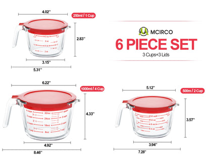 M MCIRCO 6 Pcs Glass Measuring Cups with Lids Set, 1-Cup, 2-Cup, 4-Cup Measuring Jugs with Handle, Nesting Liquid Measuring Cups for Kitchen