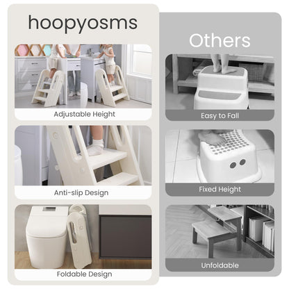 hoopyosms Toddler Step Stool for Bathroom Sink Kids Foldable Toilet Potty Training Stool Adjustable 3 to 2 Stool with Handrail Baby Kitchen Stool Children Step Ladder with Non-Slip Pads, Grey