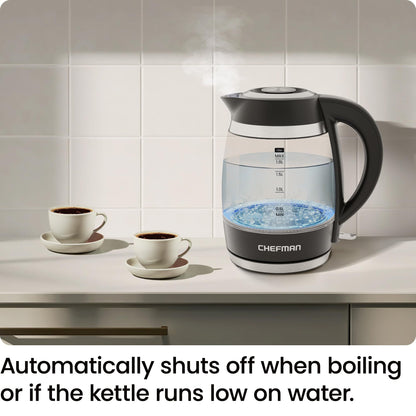 Chefman Electric Kettle, 1.8L 1500W, Hot Water Boiler, Removable Lid for Easy Cleaning, Auto Shut Off, Boil-Dry Protection, Stainless Steel Filter, BPA Free, Borosilicate Glass Electric Tea Kettle