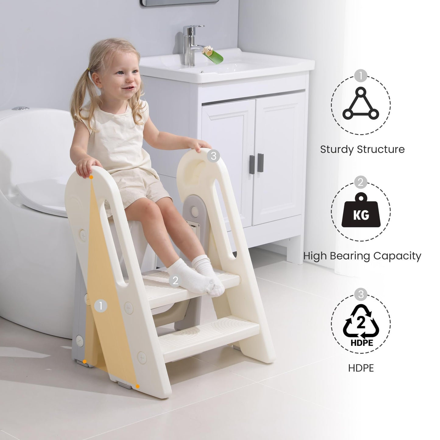 hoopyosms Toddler Step Stool for Bathroom Sink Kids Foldable Toilet Potty Training Stool Adjustable 3 to 2 Stool with Handrail Baby Kitchen Stool Children Step Ladder with Non-Slip Pads, Grey