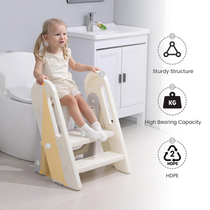 hoopyosms Toddler Step Stool for Bathroom Sink Kids Foldable Toilet Potty Training Stool Adjustable 3 to 2 Stool with Handrail Baby Kitchen Stool Children Step Ladder with Non-Slip Pads, Grey