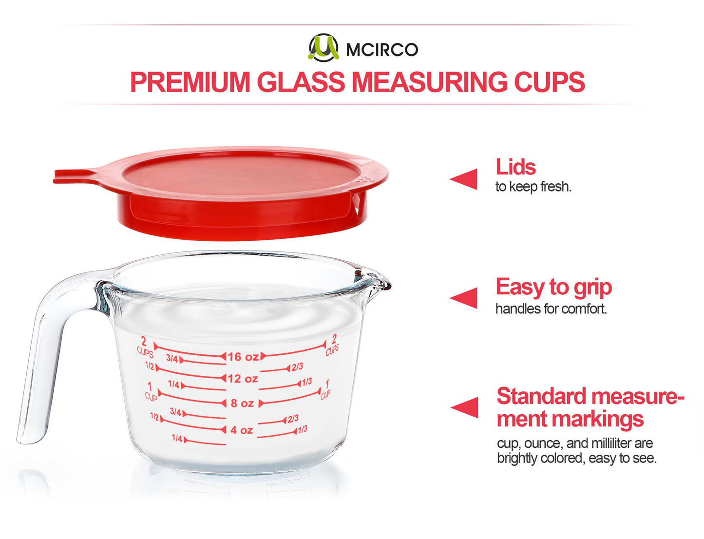 M MCIRCO 6 Pcs Glass Measuring Cups with Lids Set, 1-Cup, 2-Cup, 4-Cup Measuring Jugs with Handle, Nesting Liquid Measuring Cups for Kitchen