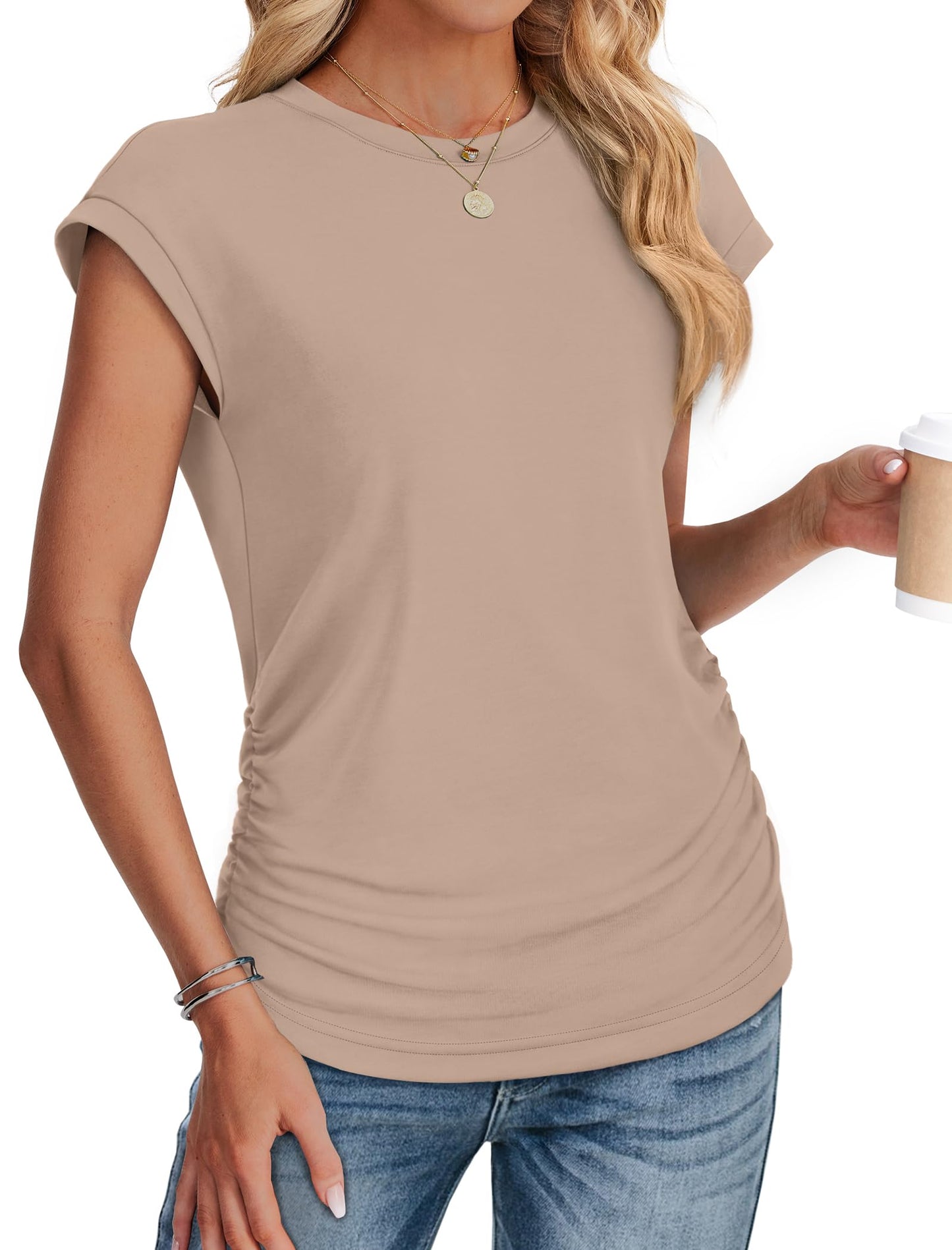 T Shirts for Women Business Casual Tops Cap Sleeve Boat Neck