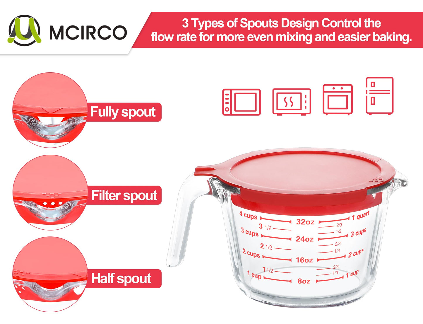 M MCIRCO 6 Pcs Glass Measuring Cups with Lids Set, 1-Cup, 2-Cup, 4-Cup Measuring Jugs with Handle, Nesting Liquid Measuring Cups for Kitchen