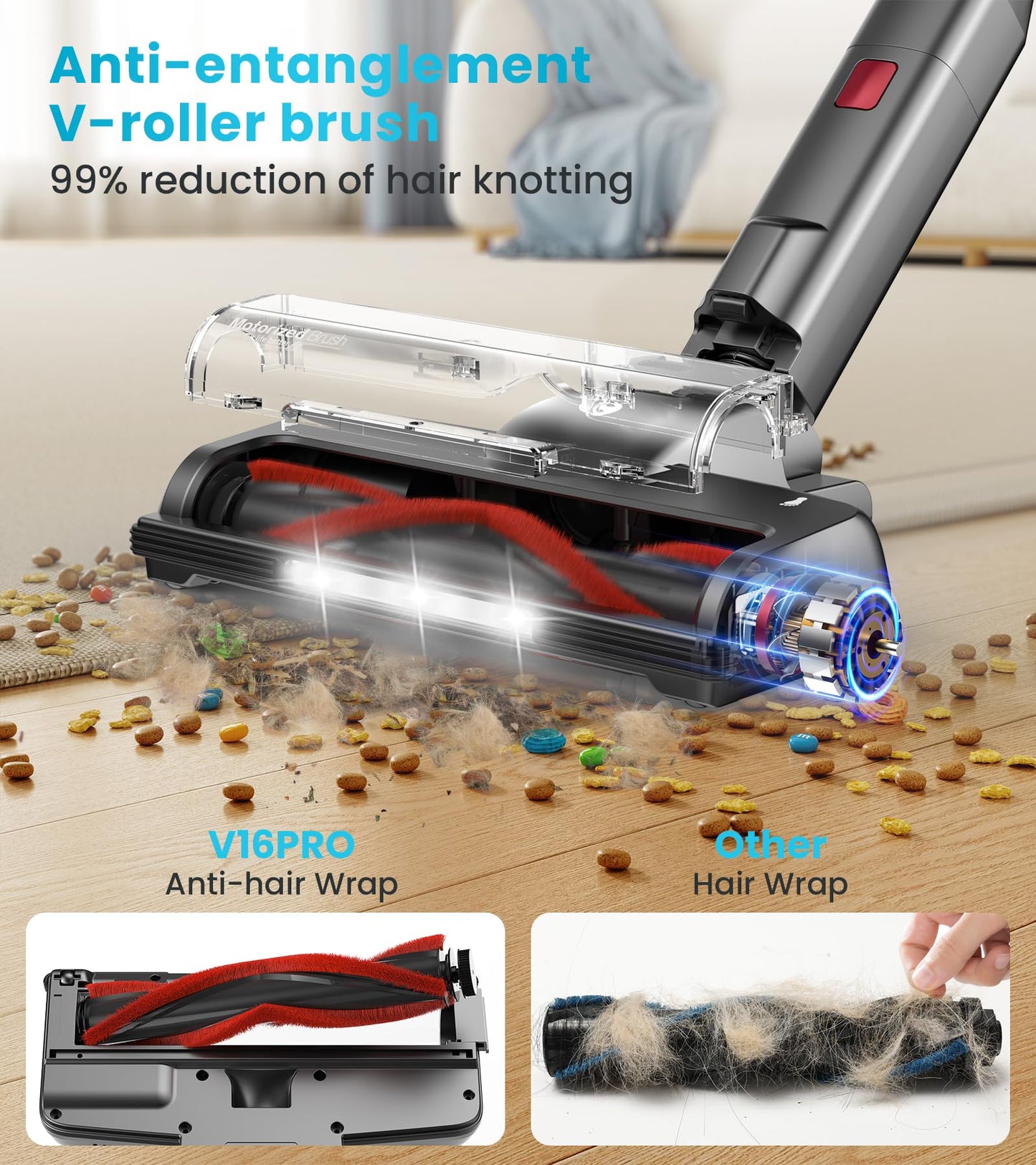 CHEBIO Cordless Vacuum Cleaner, 550W/45Kpa Vacuum Cleaners for Home with Self-Standing, MAX 60Mins Vacuum with LED Display, Anti-Tangled Stick Vacuum, Lightweight Vacuum Cleaner for Carpet/Pet Hair