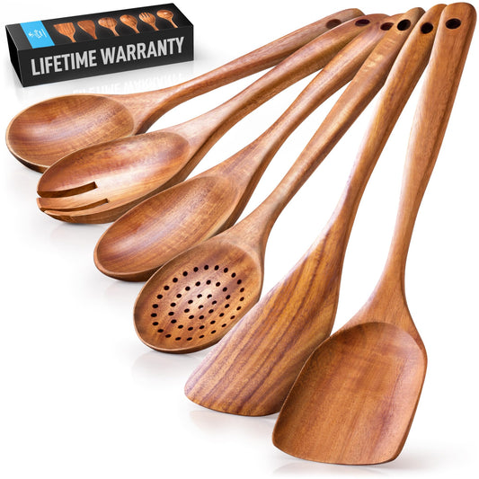 Zulay Kitchen 6-Piece Wooden Spoons for Cooking - Smooth Finish Teak Wooden Utensils for Cooking - Soft Comfort-Grip Wood Spoons for Cooking - Non-Stick Wooden Cooking Utensils - Wooden Spoon Sets