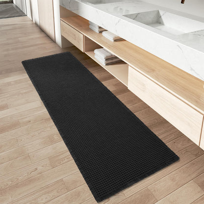 AMOAMI Upgraded Waffle Runner Rug Super Absorbent Non Slip Bath Mats for Bathroom Machine Washable Bathroom Runner Rug with Tassels, Ideal for Hallway Bedroom Laundry Room, 2'x 5'(24" x 60"), Black