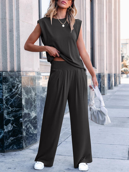 ANRABESS Women 2 Piece Summer Outfits Cap Sleeve Tank Top Wide Leg Palazzo Pants Lounge Set Travel Vacation Trendy Clothing Black Large