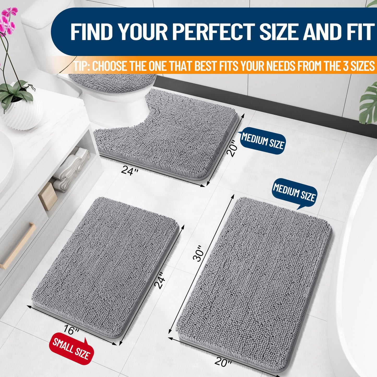 OLANLY Bathroom Rugs 30x20, Extra Soft Absorbent Chenille Bath Rugs, Rubber Backing Quick Dry, Machine Washable Bath Mats for Bathroom Floor, Tub and Shower, Home Decor Accessories, Grey